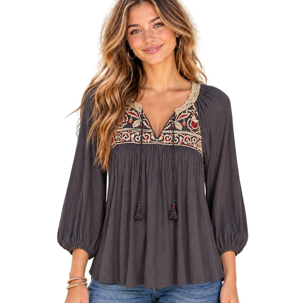 One September Nightingale Tassel Top Womens Medium Embroidered Boho Anthro